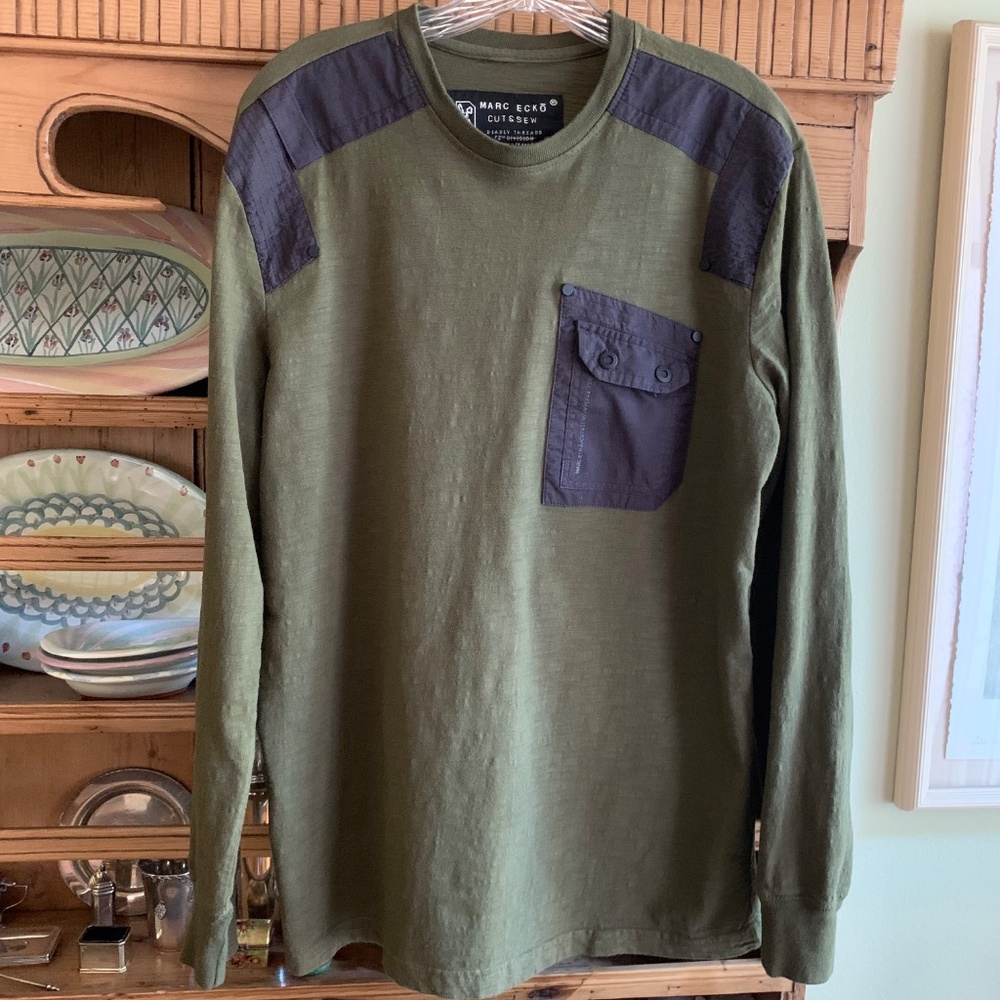 Marc Ecko 100% Cotton Long Sleeve Tee – Olive Green Utility Pocket – Large